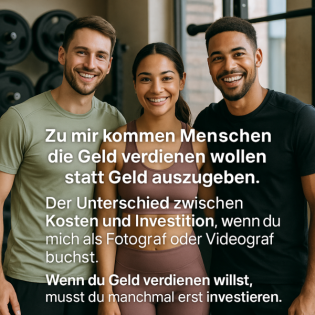 Zu mir kommen Menschen die Geld verdienen wollen statt Geld auszugeben. Der Unterschied zwischen Kosten und Investition, wenn du mich als Fotograf oder Videograf buchst